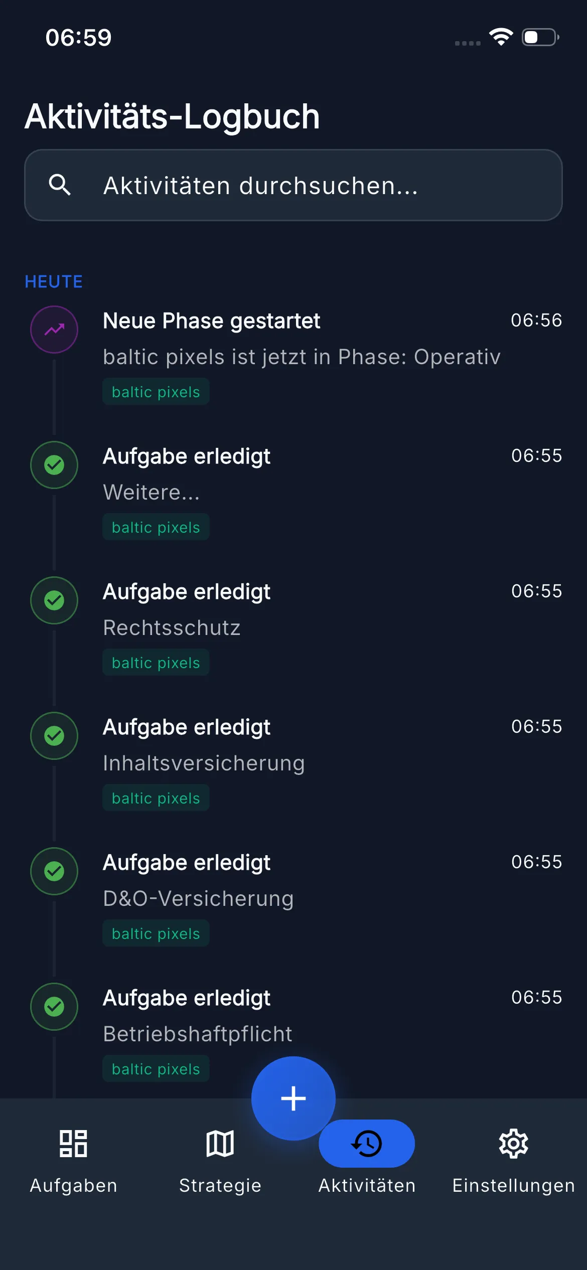 aktuator Aktivitäts-Logbuch mit Phasenwechsel zu Operativ und chronologisch erledigten Aufgaben einer UG