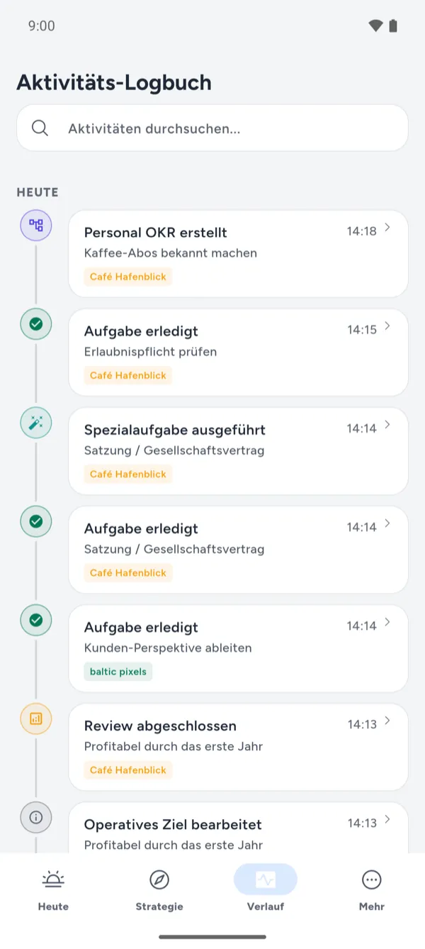 aktuator Aktivitäts-Logbuch mit chronologisch erledigten Aufgaben und Spezialaufgaben