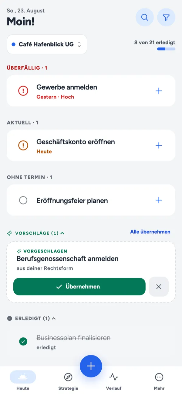 aktuator „Heute“-Ansicht mit vorgeschlagenen Aufgaben und der Übernehmen-Karte