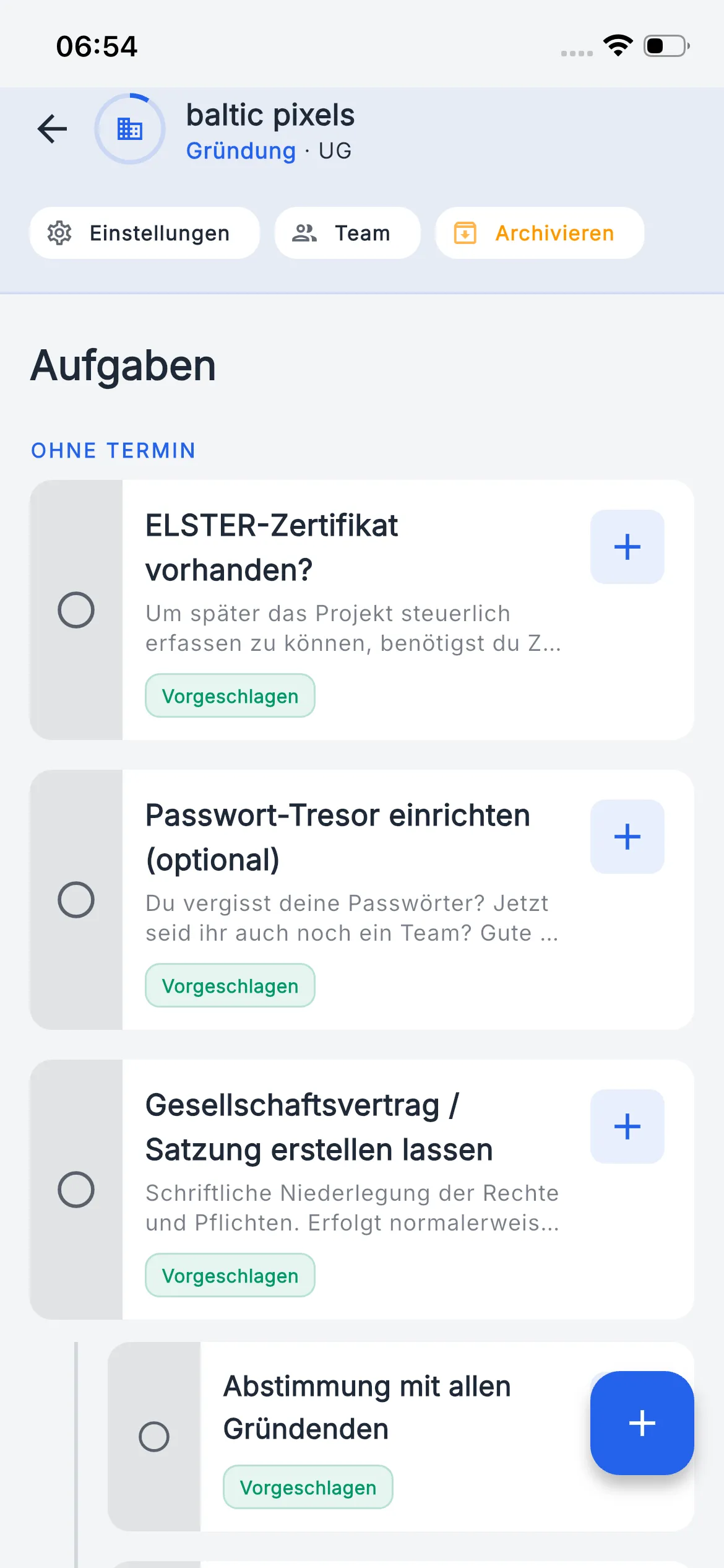 aktuator Aufgabenliste in der Gründungsphase einer UG mit ELSTER-Zertifikat, Passwort-Tresor und Gesellschaftsvertrag als vorgeschlagenen Aufgaben