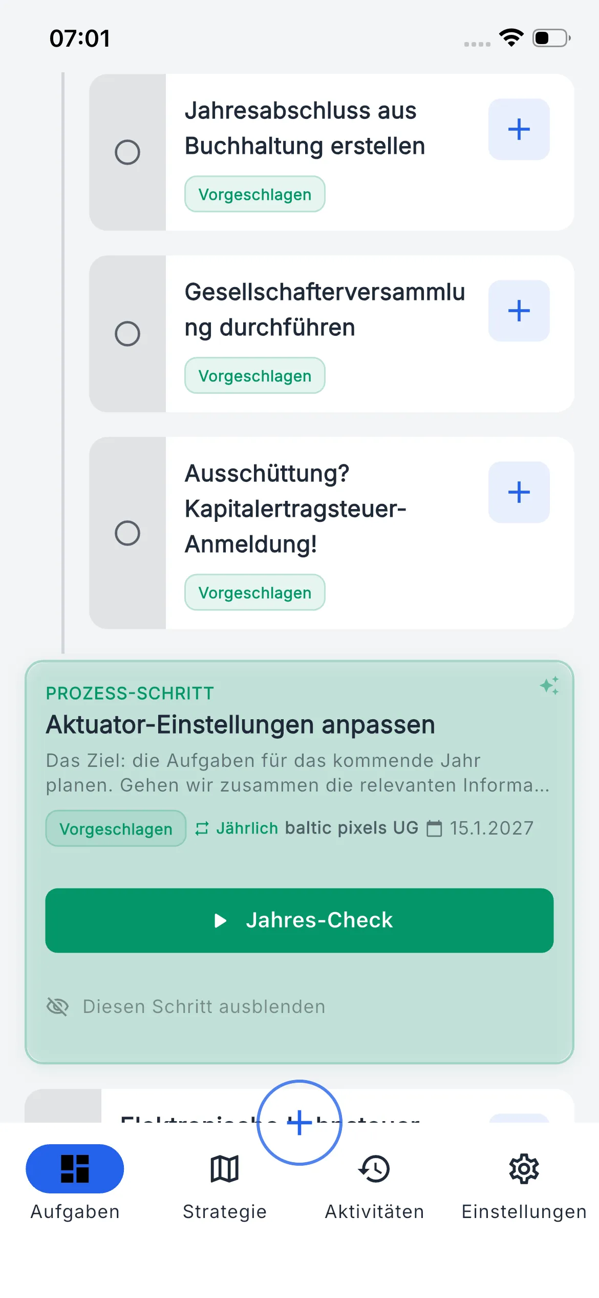 aktuator Jahres-Check Prozess-Schritt mit Button 'Jahres-Check' am Ende der jährlichen Aufgabenliste einer UG