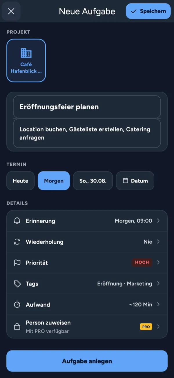 aktuator Aufgaben-Detail im Dark Mode mit Wiederholung, Erinnerung, Priorität und Aufwand