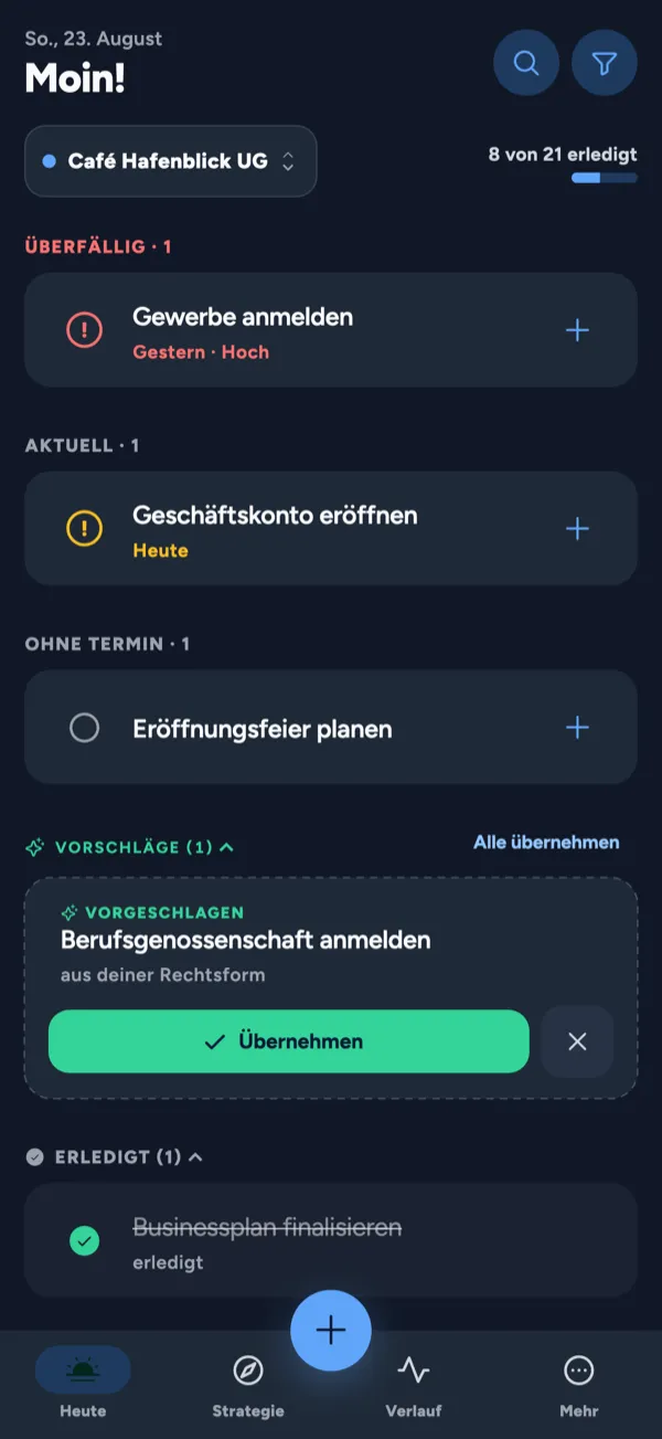 aktuator „Heute“-Ansicht im Dark Mode mit Aufgaben-Sektionen, Vorschlägen und Fortschritt