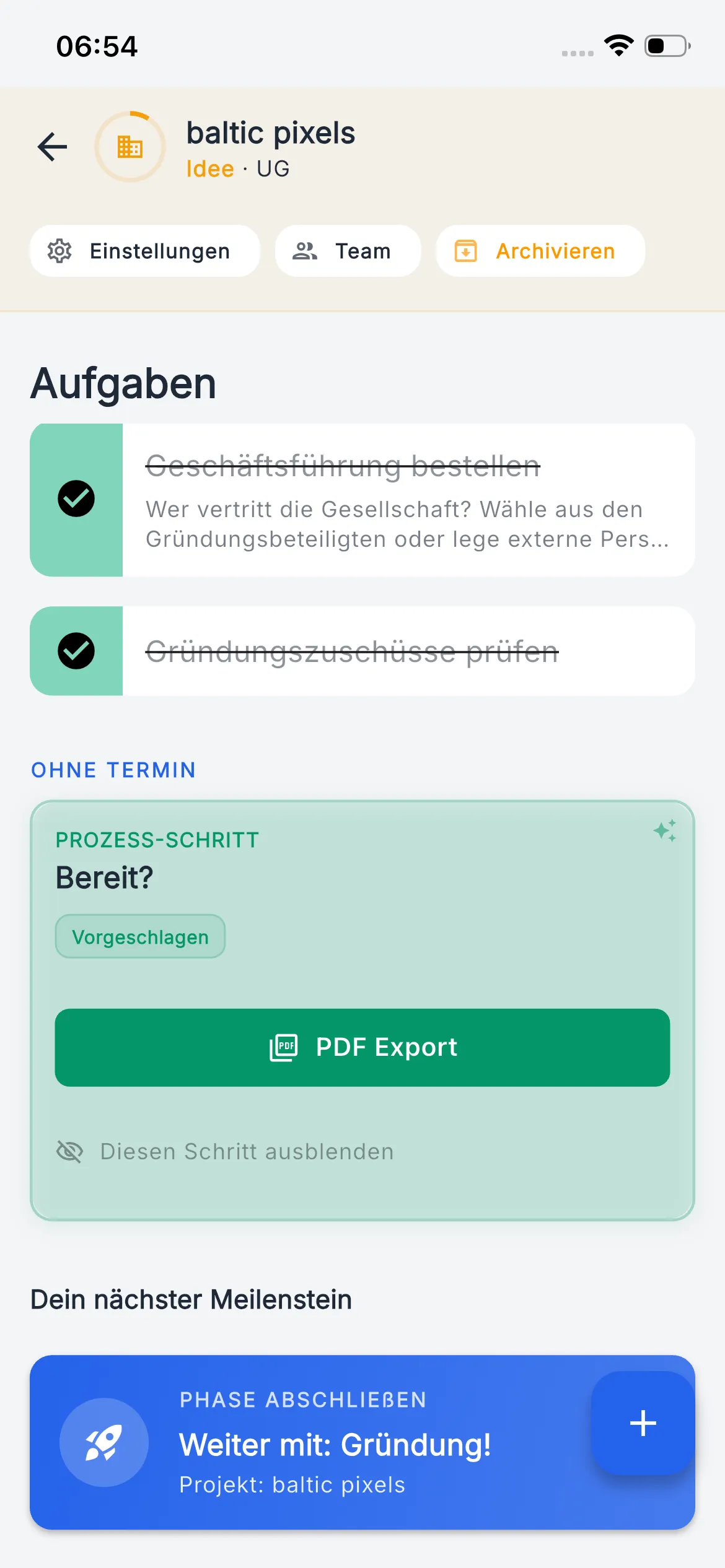 aktuator Idee-Phase mit grüner Übergangs-Karte 'Bereit?' und PDF-Export-Button für das Notariat