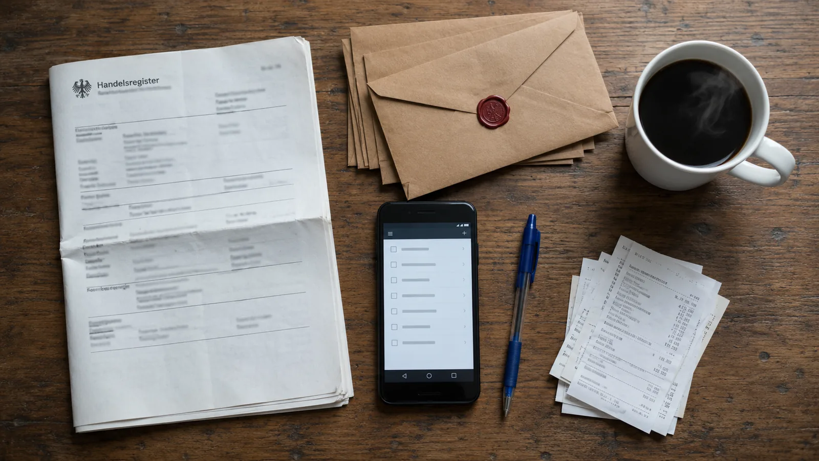 Aufgeklappter Handelsregister-Auszug, Briefumschläge mit Wachssiegel, Smartphone mit Aufgabenliste, Kugelschreiber und Stapel von Belegen auf einem Holztisch — die Realität einer GmbH- oder UG-Gründung.