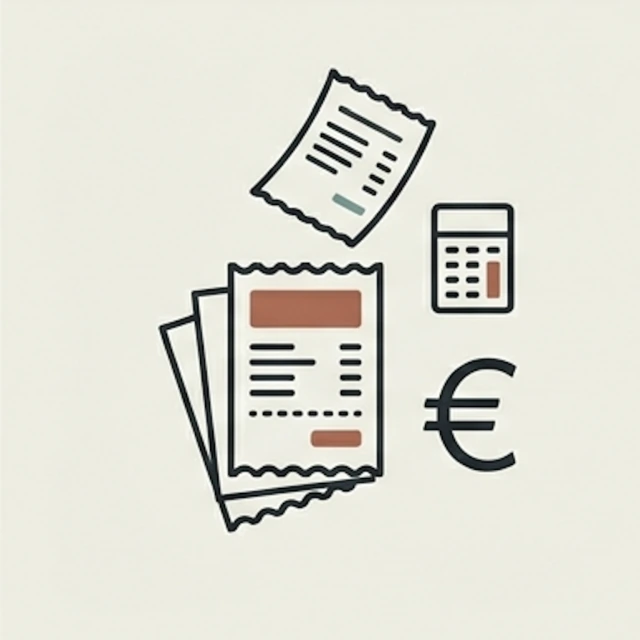 Belegstapel, Taschenrechner und Euro-Symbol — Symbol für reine Buchhaltungs-Anwendungsfälle.