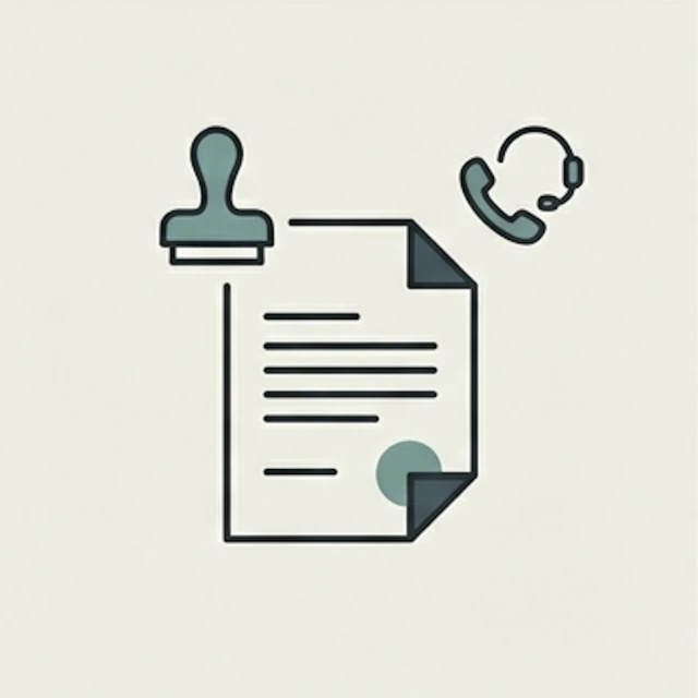 Stempel, Dokument und Headset — Symbol für persönliche Beratung und Gründungs-Service.